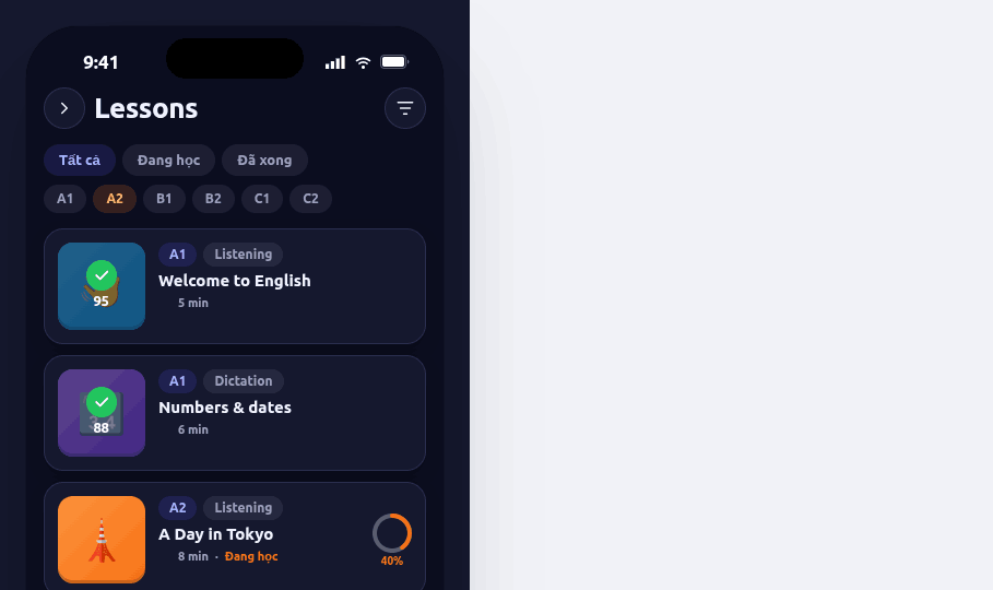 Kho bài nghe theo trình độ, tải về học offline.